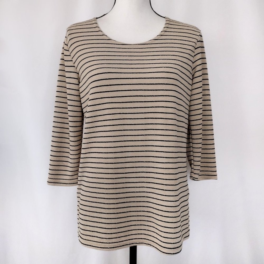 Vintage 1990s Tan and Black Striped Textured 3/4 Sleeve Blouse